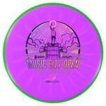 This is a purple Axiom Fission Proxy disc golf putter with the commemorative stamp showcasing Simon Lizotte's historic win!