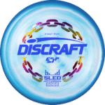 First Run Blue Swirl Discraft Sled disc golf putter in ESP Swirl premium plastic with factory stamp.