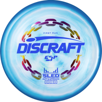 First Run Blue Swirl Discraft Sled disc golf putter in ESP Swirl premium plastic with factory stamp.