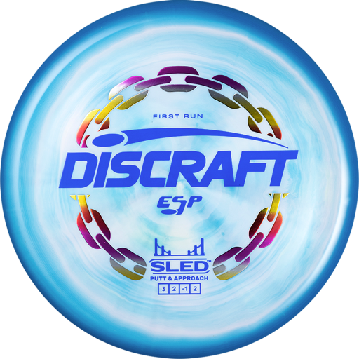 First Run Blue Swirl Discraft Sled disc golf putter in ESP Swirl premium plastic with factory stamp.