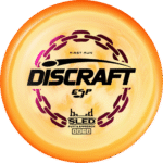 First Run Orange Swirl Discraft Sled disc golf putter in ESP Swirl premium plastic with factory stamp.