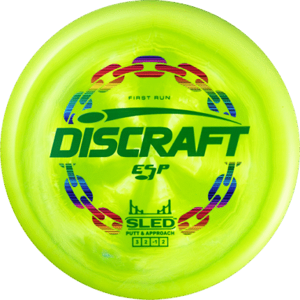 First Run Toxic Green Swirl Discraft Sled disc golf putter in ESP Swirl premium plastic with factory stamp.