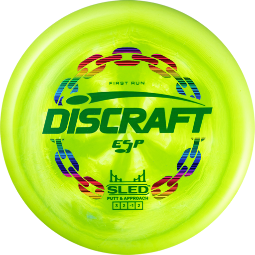 First Run Toxic Green Swirl Discraft Sled disc golf putter in ESP Swirl premium plastic with factory stamp.